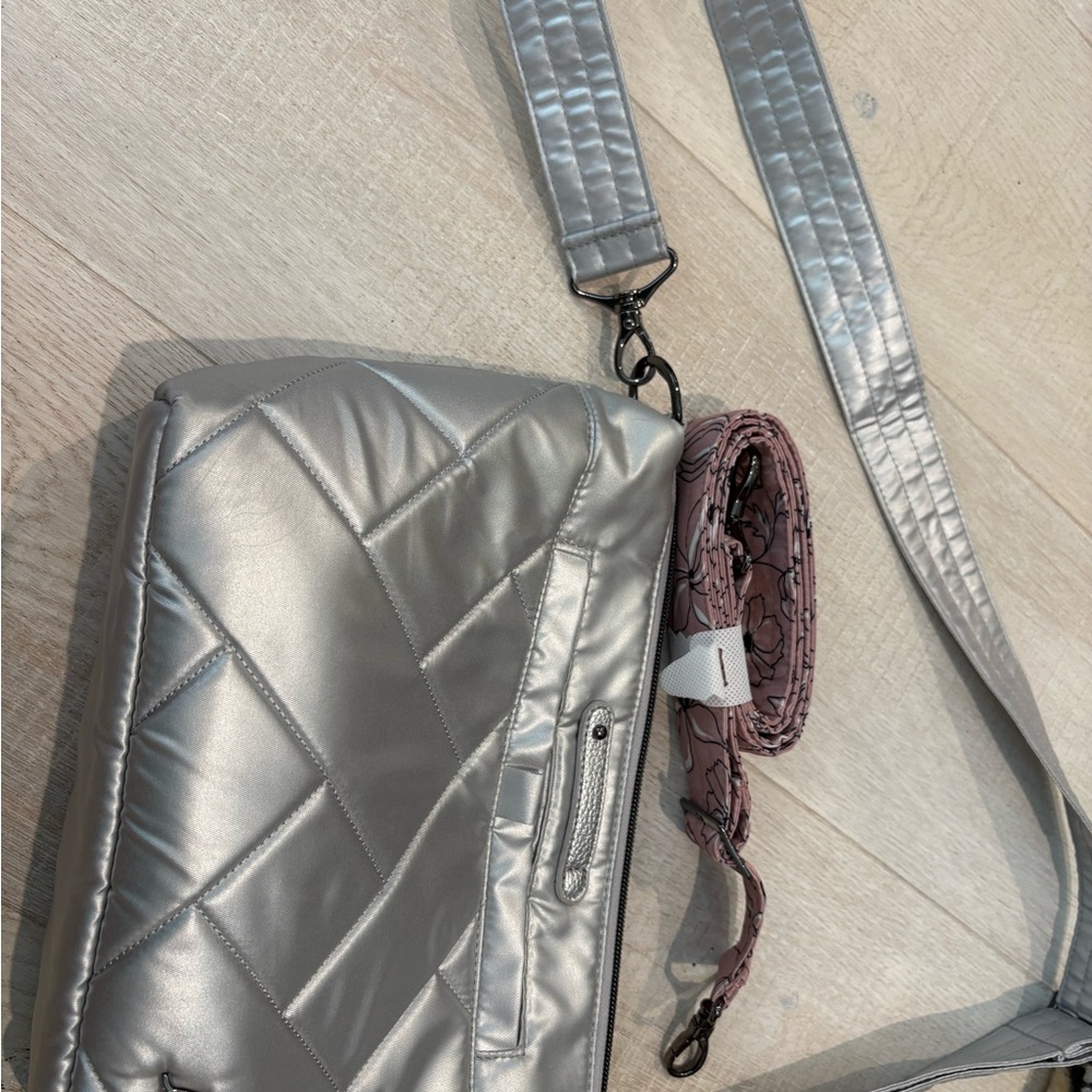 lug Metallic Silver Quilted Crossbody with Patterned Pink Strap